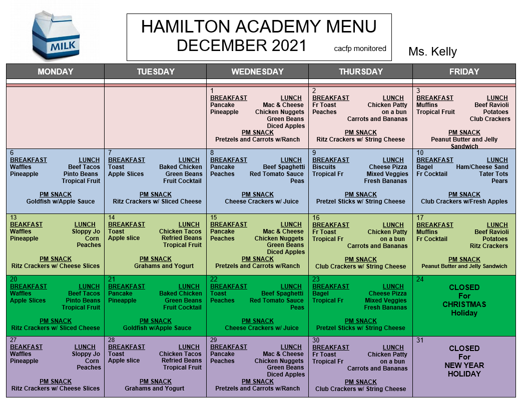 Hamilton Academy CACFP Lunch Calendar